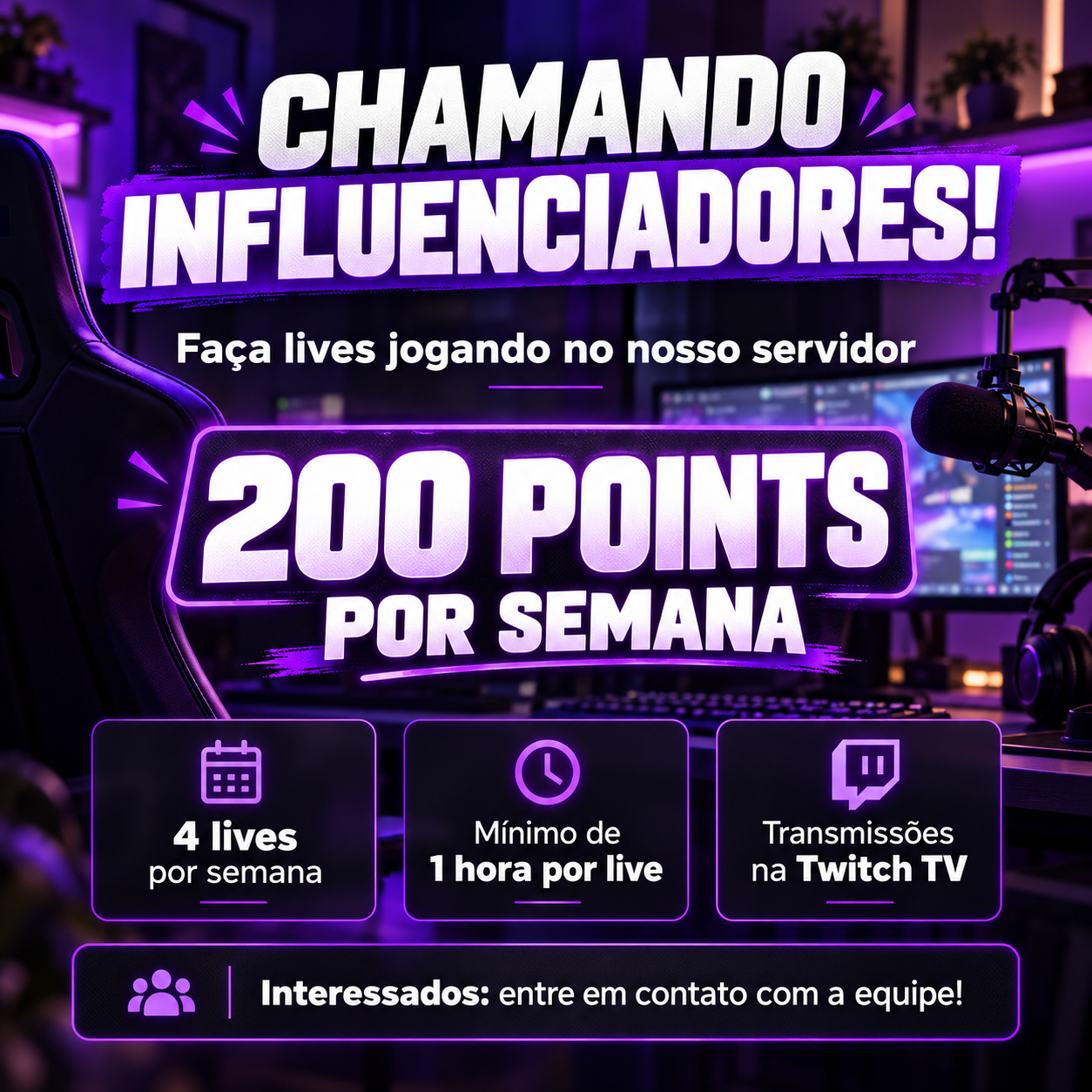 Parceria para influenciadores e streamers: 200 points por semana por 4 lives jogando Classic Yurots na Twitch TV, com duração mínima de 1 hora cada.